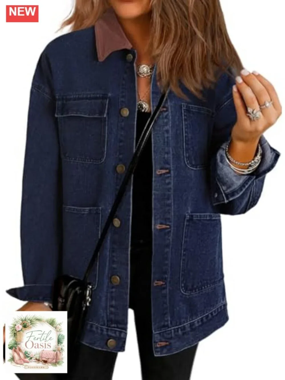 Oversized Denim Jacket Women Vintage Corduroy Collar Barn Jacket Long Sleeve
